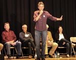 Jamie McLeod-Skinner speaks at a Democratic forum in The Dalles for candidates seeking the party’s nomination in Oregon’s 2nd Congressional District. Seven candidates are in the race.