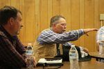 Grant County Commissioner Sam Palmer, right, with Deschutes County Commissioner Tony DeBone, at a meeting of local officials in Prairie City, Oregon, June 11, 2020. 