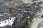 Aerial view of charred freight train in Lac-Megantic, Quebec, Canada. The photo was taken the day after the train of crude oil derailed in 2013. It claimed 47 lives. 