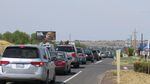 Traffic on Highway 26 near Madras, Oregon, is often at a standstill as people continue arriving ahead of the total solar eclipse on Monday, Aug. 21, 2017.
