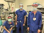 Health care workers at Providence Health wearing 3D printed face shields manufactured and donated by local makers.