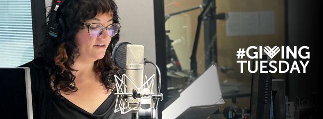 All Things Considered Host Crystal Ligori on mic in the studio.