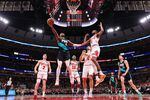 Damian Lillard #O of the Portland Trail Blazers goes up for a layup against the Chicago Bulls during the first half at United Center on Feb. 4, 2023, in Chicago.