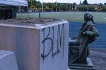 The Thomas Jefferson statue sits next to its at Jefferson High School in Northeast Portland after protesters tore it down after a Black Lives Matter rally.