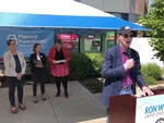 U.S. Sen. Ron Wyden (right, at podium) speaks at Planned Parenthood in Eugene, Oregon. Lane County Commissioner Laurie Trieger (far left), Planned Parenthood interim president and CEO Amy Holder (second from left), and Planned Parenthood board member Bethany Grace Howe (center), were also present and shared remarks on the Fair Courts Act.