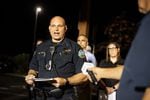 Bend Police Chief Mike Krantz speaks to reporters from the Bend Police Station after a shooter opened fire at a Safeway grocery in Bend, Ore., Sunday, Aug. 28, 2022. The shooter killed at least two people.
