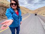 April Aamodt holds a Mormon cricket that she found in Blalock Canyon near Arlington, Ore. on Friday, June 17, 2022, while OSU Extension Agent Jordan Maley, far right, looks at more of the insects on the road. Both are involved in local outreach for Mormon cricket surveying.