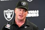 Now former Las Vegas Raiders head coach Jon Gruden speaks with the media following an NFL football game against the Pittsburgh Steelers in Pittsburgh on Sept. 19, 2021.