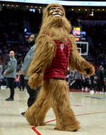 The Portland Trail Blazers' new mascot, Douglas Fur, walks onto the court during the second half of the team's NBA basketball game against the New York Knicks in Portland, Ore., Tuesday, March 14, 2023.