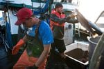 Nathan Cultee, right, and Nicholas Cooke, left, unload Atlantic salmon aboard the fishing vessel Marathon outside Home Port Seafoods on Tuesday in Bellingham, Washington.