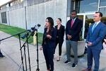 Attorney Alexandra Benevento, center, speaks with reporters during a news conference announcing a cheerleader abuse lawsuit filed in Tennessee on Tuesday, Sept. 27, 2022, in Memphis, Tenn.