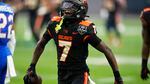 Oregon State wide receiver Silas Bolden (7) celebrates after making a catch against Florida during the first half of the Las Vegas Bowl NCAA college football game Saturday, Dec. 17, 2022, in Las Vegas.