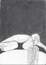 pencil drawing of feet sticking out from a blanket and a toe tag for Rae Dawn, who has died of radon poisoning