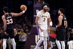 Los Angeles Lakers forward Anthony Davis, center, celebrates after scoring as Portland Trail Blazers forward Toumani Camara, left, and guard Skylar Mays look on during the second half of an NBA basketball game Sunday, Nov. 12, 2023, in Los Angeles.