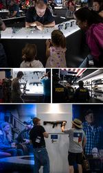 (Top photo) A sales representative talks to two girls during the NRA Annual Meetings & Exhibits. (Middle left photo) A man holds a weapon. (Middle right photo) Police officers walk inside the conference. (Bottom photo) People look at a weapon display.