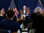 Fed Chair Jerome Powell speaks during a news conference at the Federal Reserve Building in Washington, D.C., on Wednesday. The central bank raised interest rates by three-quarters of a percentage point, its biggest hike since 1994.
