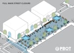 A sketch provides an example of one of the ways the Portland Bureau of Transportation envisions closing off streets to allow businesses to utilize the space for customers and pedestrians during the coronavirus pandemic. PBOT has said this option, its most extensive version, would not be allowed on emergency or transit routes.