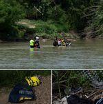 A group heads back to Mexico after trying to cross the Rio Grande in Eagle Pass, Texas. Life vests and other discarded belongings are seen near the river.