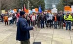 Members and supporters of Laborers' Local 483 gathered outside of Portland City Hall on Jan. 28 to rally in anticipation of a planned strike. 