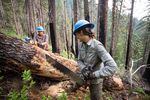 Tiffani Aryes learns the skill of cutting logs with a two-handle crosscut saw during her summer internship with the Siskiyou Mountain Club.