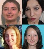 Law enforcement agencies have identified a person of interest in the deaths of four women, top row, left to right, Charity Perry, Ashley Real, bottom row, left to right, Kristin Smith and Bridget Webster, all found in wooded areas in the Portland area, between February and May 2023. 