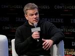 Actor Matt Damon speaking on stage while focusing on features' "Still water" Billboard for Deadline Contestants Film: New York event in New York City on December 4.  Damon has appeared in commercials for a company called Crypto.com.