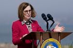 FILE - Oregon Gov. Kate Brown speaks in San Francisco, on Oct. 6, 2022. Gov. Brown is pardoning an estimated 45,000 people convicted of simple possession of marijuana, a month after President Joe Biden did the same under federal law.