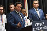 Florida Gov. Ron DeSantis speaks at a news conference at Crooms Academy of Information Technology in Sanford to discuss Florida's civics education initiative of unbiased history teachings.