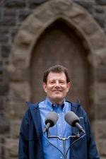 Nick Kristof speaks with media, answering questions about his campaign for Oregon governor, Oct. 27, 2021 at First Presbyterian Church of Portland. 