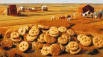 Painting of a pile of cookies in a wheat field.