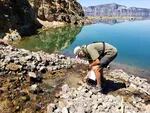 An aquatic ecologist measures the temperature of a spring that feeds into Crater Lake.