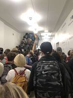 A submitted photo shows a crowded hallway at Roosevelt High School in Portland, Oregon on September 1, 2021.