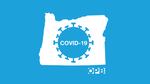 Outline of the state of Oregon with a silhouette representing the COVID-19 inside, text reads "COVID-19" on the molecule, with "OPB" printed below the state.
