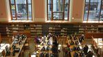The downstairs reading room at the main branch of the Multnomah County Library, as seen from the stairwell.