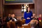 Oregon state Sen. Sara Gelser speaks on the floor of the Senate on Monday, Jan. 14, 2019, at the Capitol in Salem, Ore.