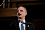 Former Attorney General Eric Holder delivers remarks at a ceremony to unveil the new Gwen Ifill Black Heritage Commemorative Forever Stamp at the Metropolitan African Methodist Episcopal Church, Thursday, Jan. 30, 2020, in Washington.