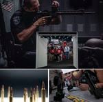 (Top photo) People look at the exhibits. (Bottom left) Bullets are displayed. (Bottom right) A woman holds a gun on display.