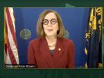 A screenshot from a press conference featuring Oregon Gov. Kate Brown. 