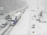 This image provided by the Virginia department of Transportation shows a closed section of Interstate 95 near Fredericksburg, Va., on Monday.