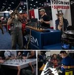 (Top photo) A man points a rifle displayed at the conference. (Bottom left photo) A child looks at guns on exhibit. (Bottom right photo) People look at guns on display.