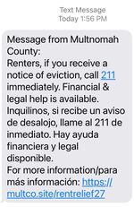 A mass text message sent by Multnomah County on Sept. 23, 2021, alerting residents to local rental assistance programs.