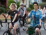 A biker dressed as Commander Data from Star Trek Next Generation holds up the Vulcan hand signal for "Live long and prosper," at Pedalpalooza's Star Trek ride in Southeast Portland, Tuesday, August 5.