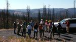 Members of the Blue Mountains Forest Partners circle up to look at one of the test sites in the Canyon Creek Complex fire that was logged to determine the effects of salvage logging on woodpecker survival.