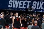 Oregon State center Roman Silva (12) celebrates after a Sweet 16 game against Loyola Chicago in the NCAA men's college basketball tournament at Bankers Life Fieldhouse, Saturday, March 27, 2021, in Indianapolis. Oregon State won 65-58. (AP Photo/Jeff Roberson)