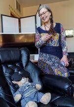 Cathy Jonas uses a vibrating tactile neural feedback bear to demonstrate her plan for psilocybin treatments at her office in Eugene, Ore., March 17, 2023. 