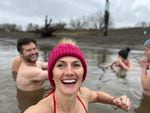 Ivana Maclay shares her passion for cold dipping with anyone brave enough to join her. Ivana (center) snaps a selfie with fellow New Year's cold dippers, including Oregon Field Guide producer Ian McCluskey (left).