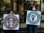 Starbucks workers strike outside a Starbucks coffee shop on Nov. 17, 2022, in Brooklyn, protesting the company's anti-union activities.