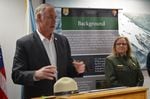 Interior Secretary Ryan Zinke speaking on March 23, 2018, about the restarted re-introduction process for grizzly bears in Washington’s North Cascades. Looking on is Karen Taylor Goodrich, the superintendent of the North Cascades National Park Service Complex.