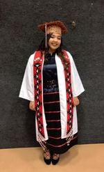 SuSun Fisher in cap and gown as she graduated from Chemawa Indian School in 2017. The former "Miss Chemawa" is in her first year at University of New Mexico.
