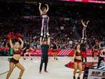 The Blazers Dancers perform during a break in the action at the Moda Center in Portland, Ore., Friday, March 25, 2019.